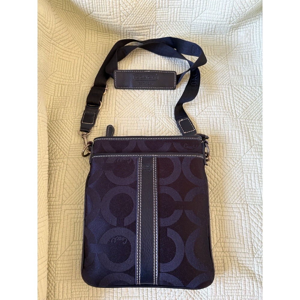 Coach Signature Jacquard Crossbody Bag Black Leather 9x7.5" Adjustable Strap